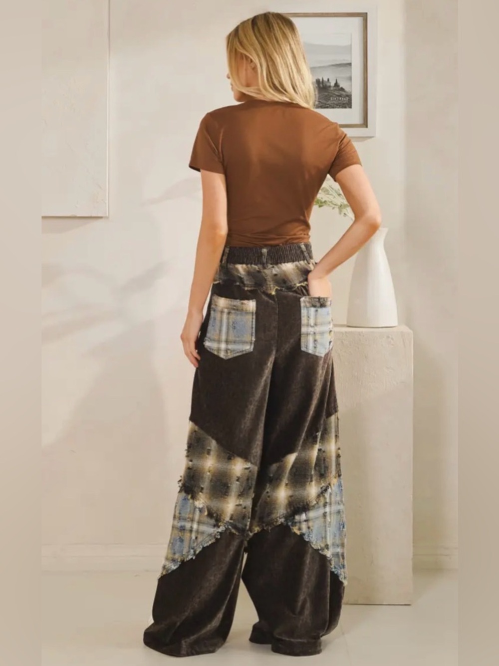 NEW Oli & Hali Washed Plaid Leopard Detail Patchwork Pants - Picture 2 of 10